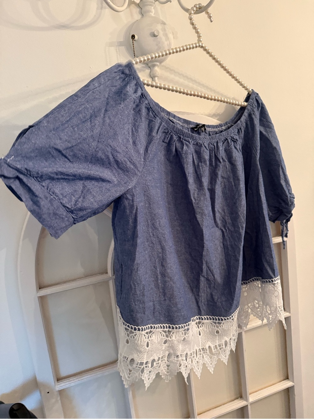 Boho chic Chambray Off-The-Shoulder‎ Lace Trim Boho Top Blouse Plus Size 2X